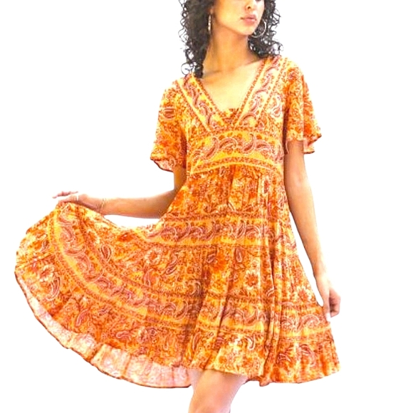 Anthro Patrons of Peace Toluca Paisley Print Fit & Flare Mini Dress Orange Sz SM - Picture 1 of 16